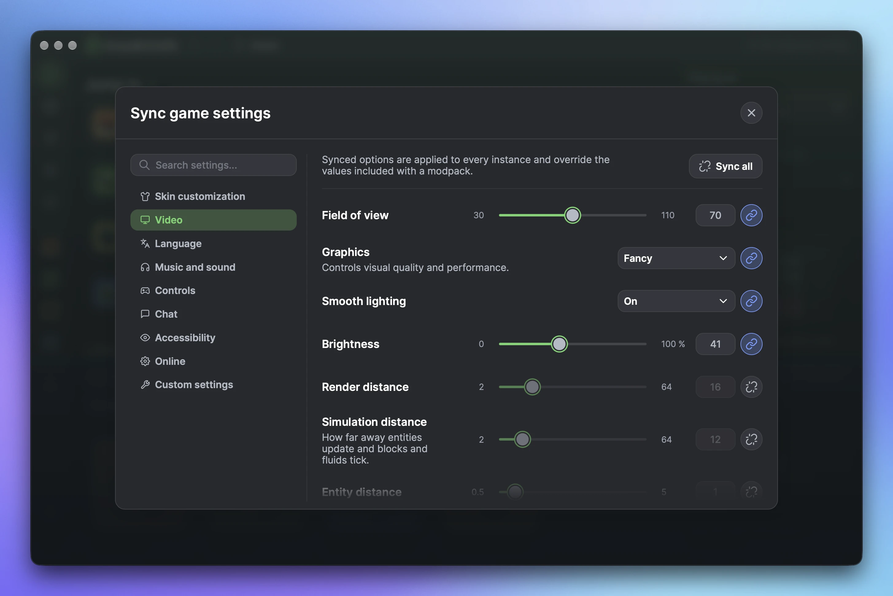 Individual game options that can be configured and synced across instances.